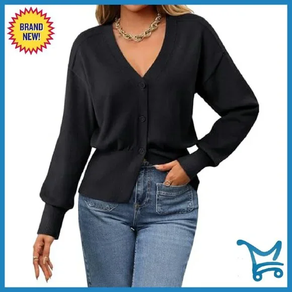 Long Sleeve V-Neck Peplum Cardigan Sweater Open Front Knitted - Picture 4 of 8